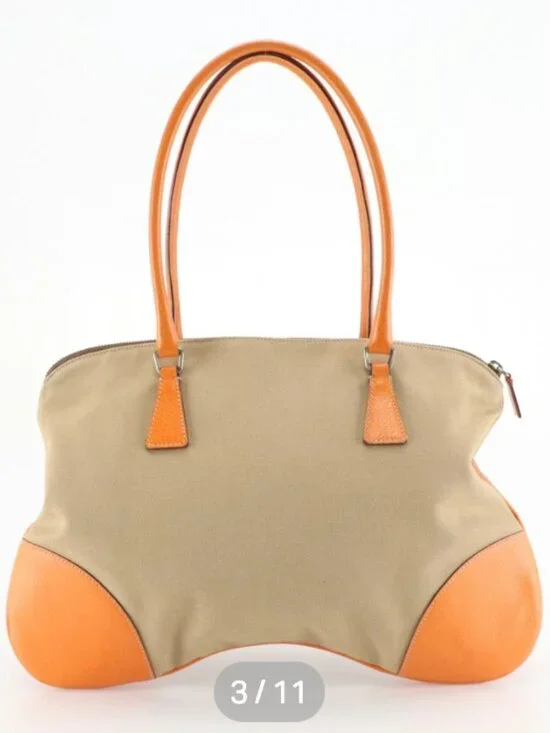 Prada Bauletto Vintage Shoulder Bag Beige Jacquard Canvas Orange Leather - Picture 3 of 9